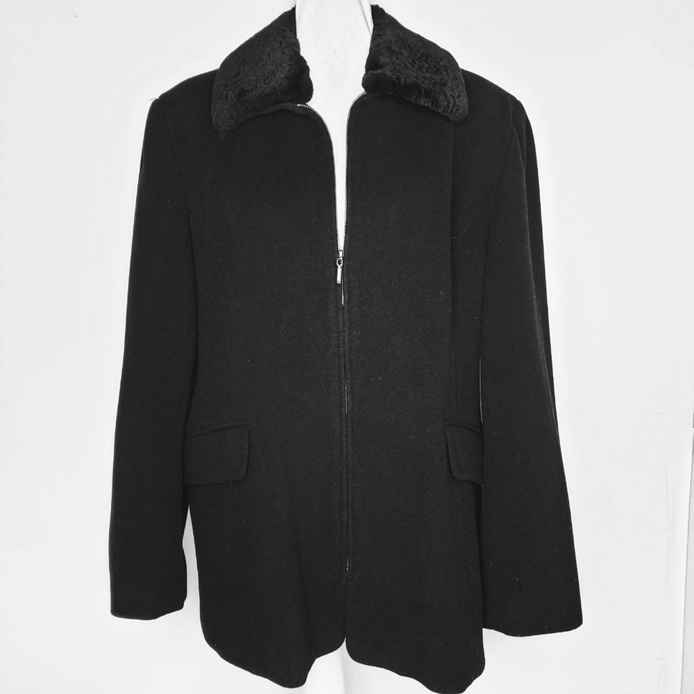 Classic Black Women's Coat with Faux Fur Collar